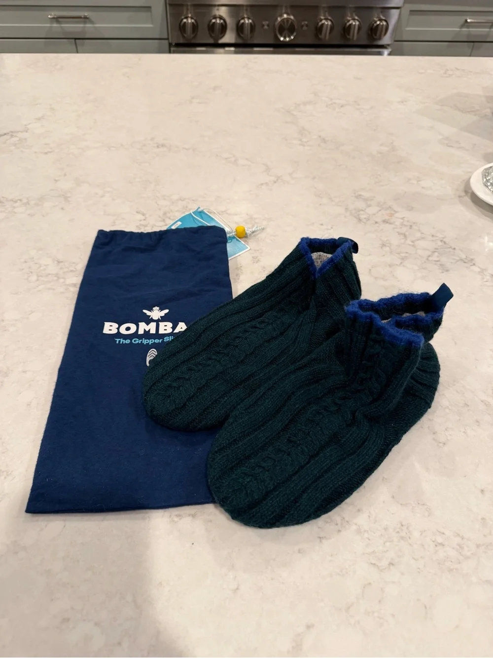 Bombas Forest Green Knit Slipper Socks with Blue Trim size L